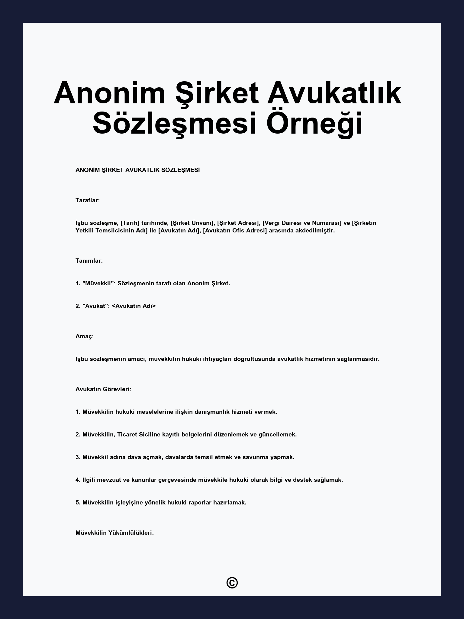 Anonim Şirket Avukatlık Sözleşmesi Örneği