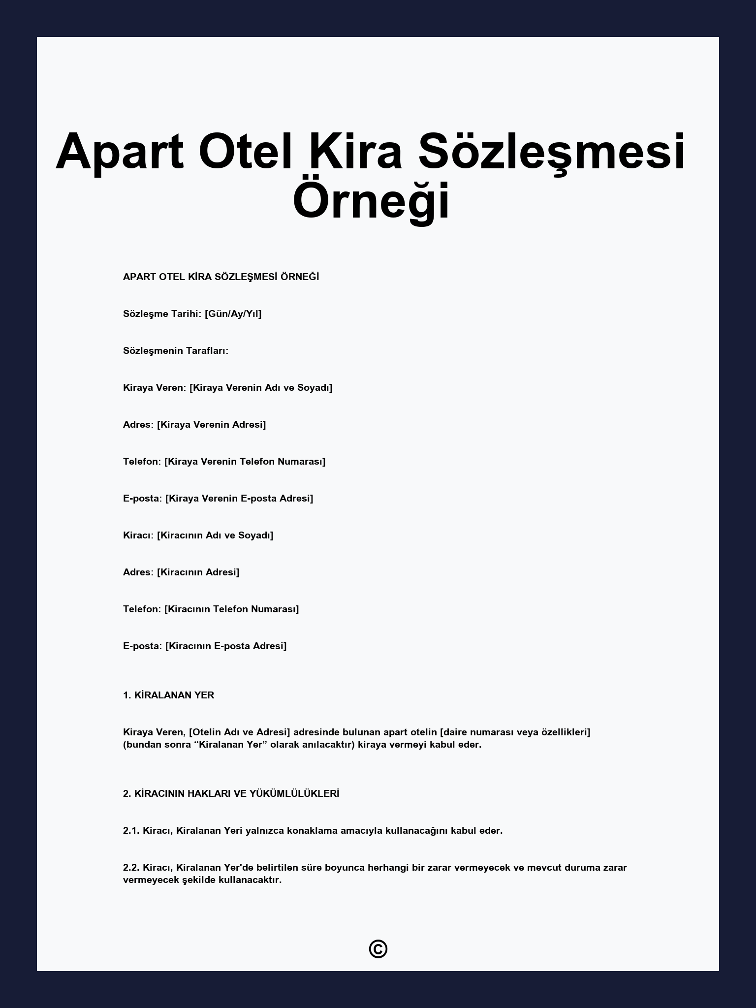 Apart Otel Kira Sözleşmesi Örneği