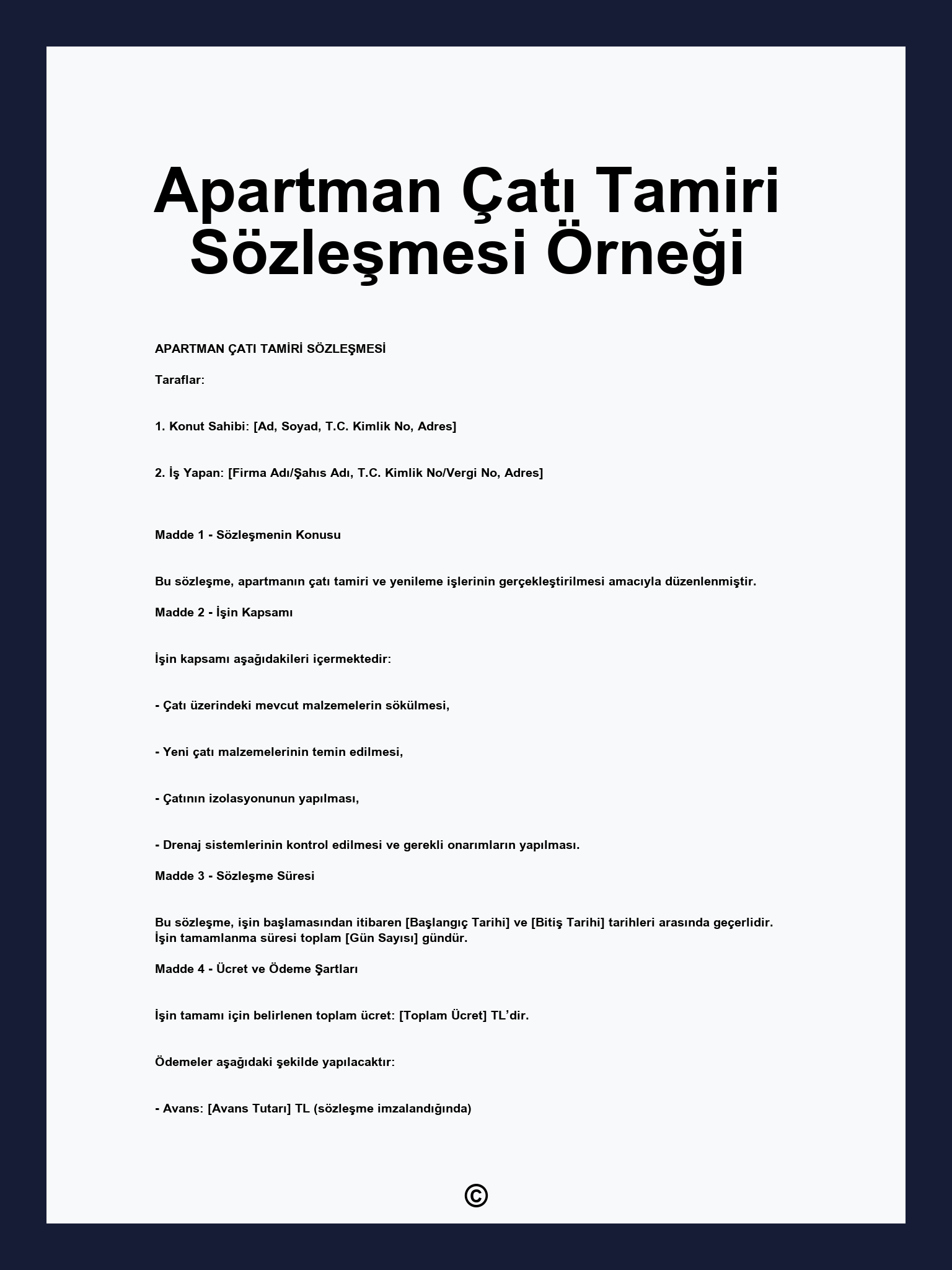 Apartman Çatı Tamiri Sözleşmesi Örneği