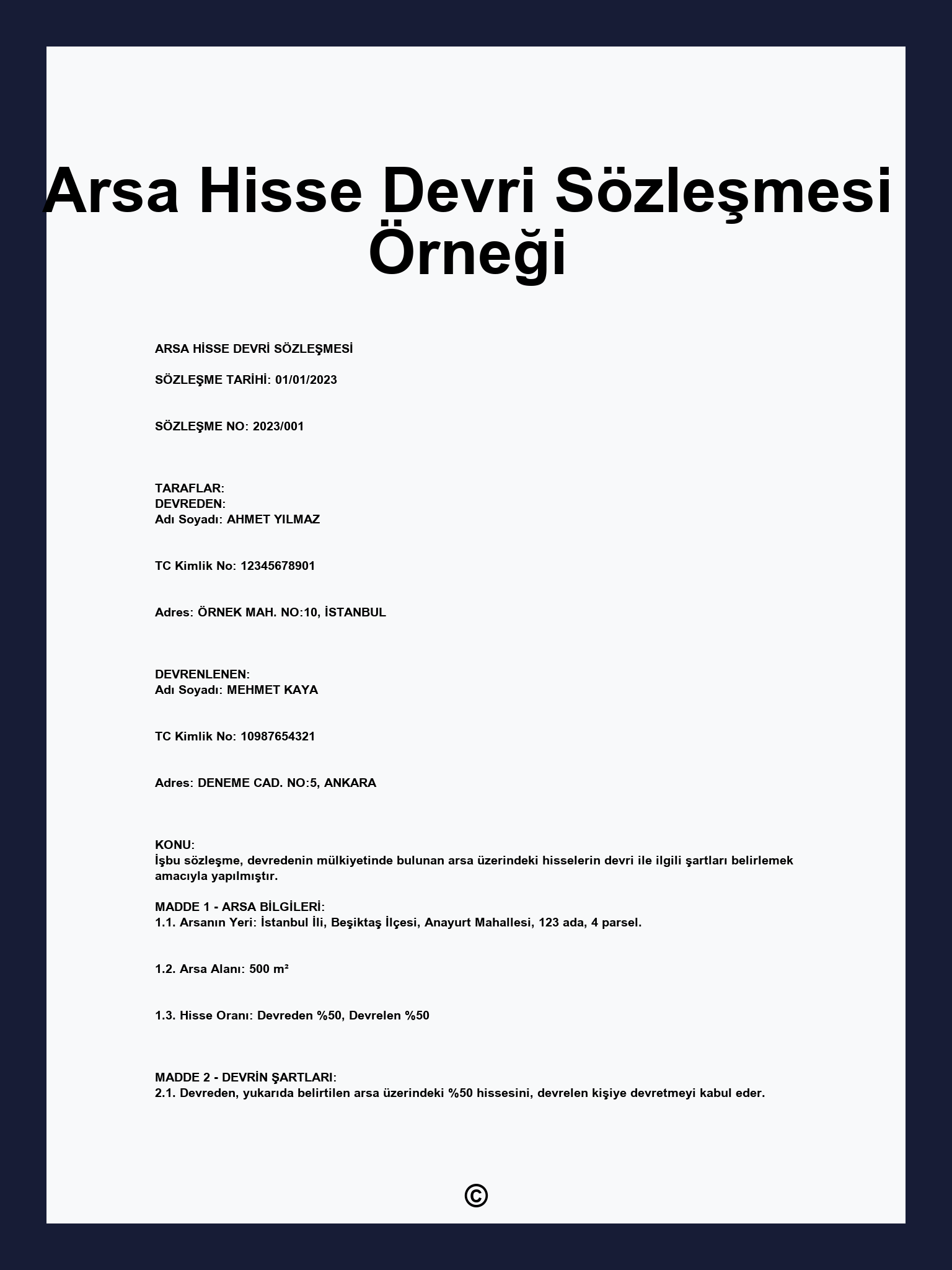 Arsa Hisse Devri Sözleşmesi Örneği