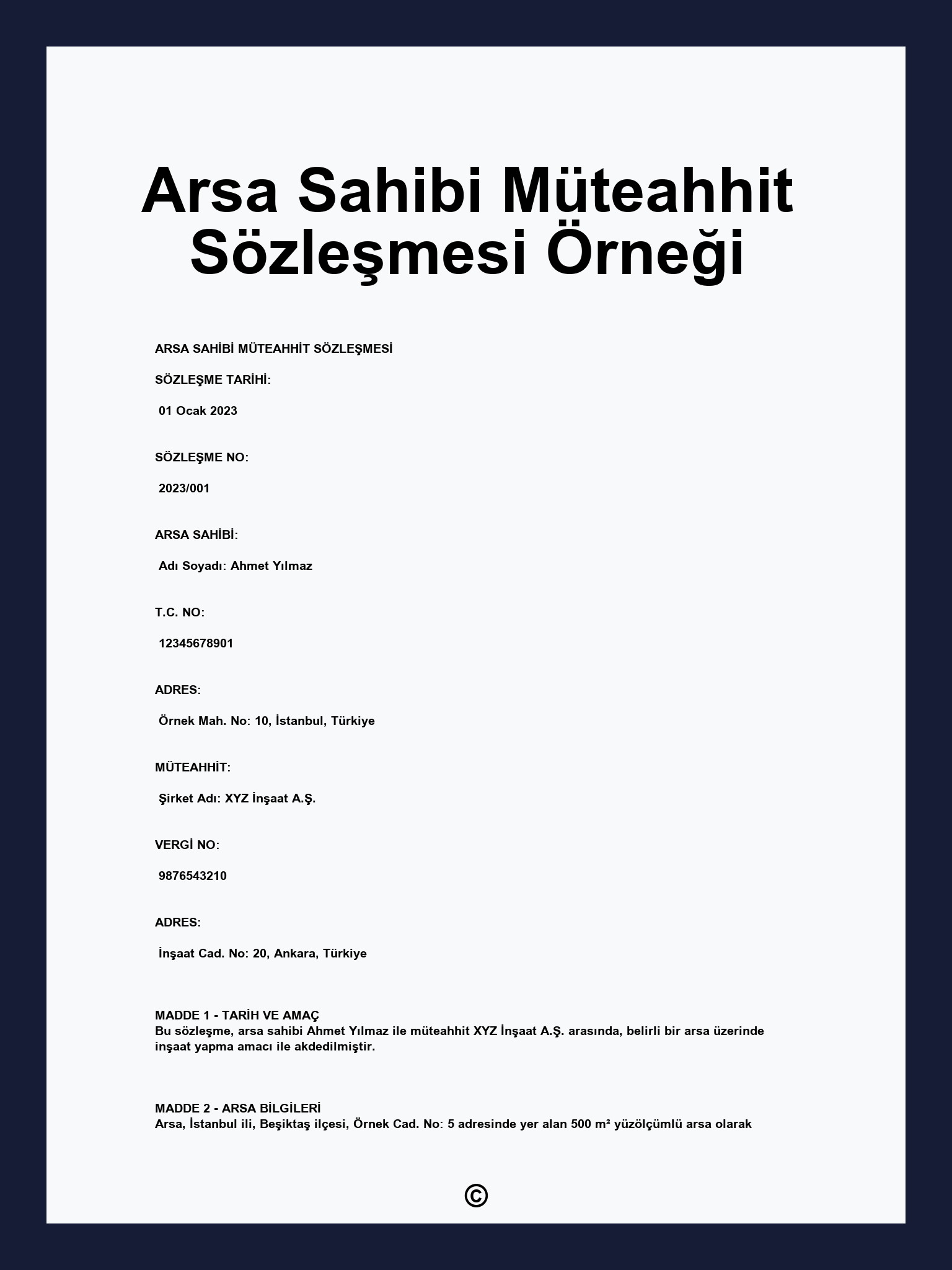Arsa Sahibi Müteahhit Sözleşmesi Örneği