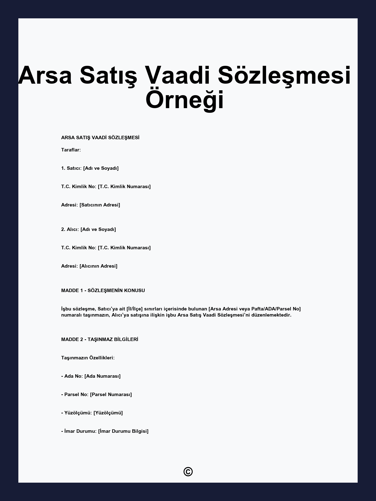 Arsa Satış Vaadi Sözleşmesi Örneği