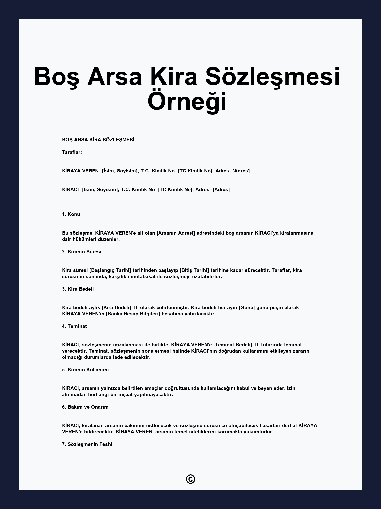 Boş Arsa Kira Sözleşmesi Örneği
