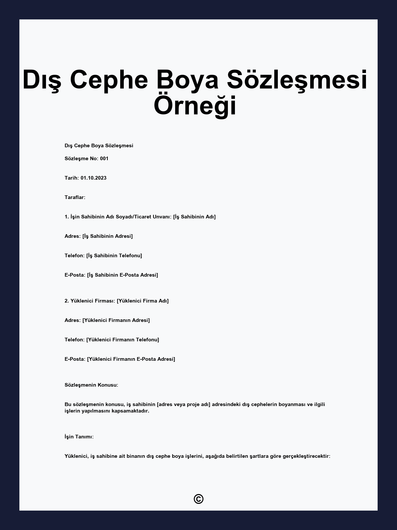 Dış Cephe Boya Sözleşmesi Örneği