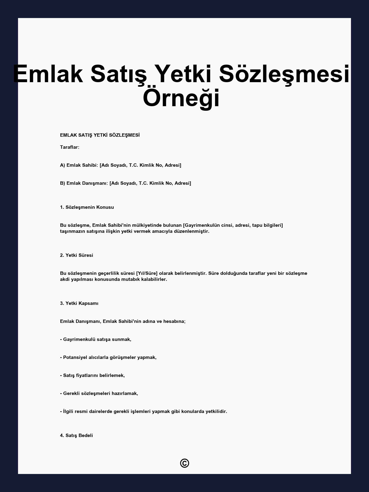 Emlak Satış Yetki Sözleşmesi Örneği