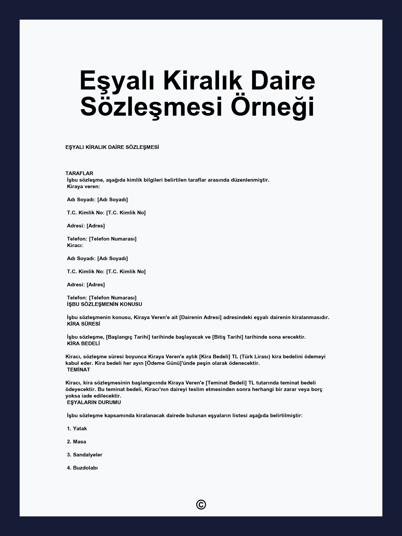 Eşyalı Kiralık Daire Sözleşmesi Örneği