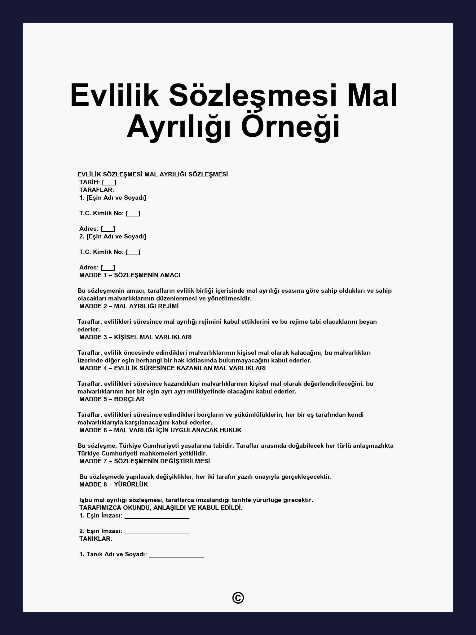 Evlilik Sözleşmesi Mal Ayrılığı Örneği
