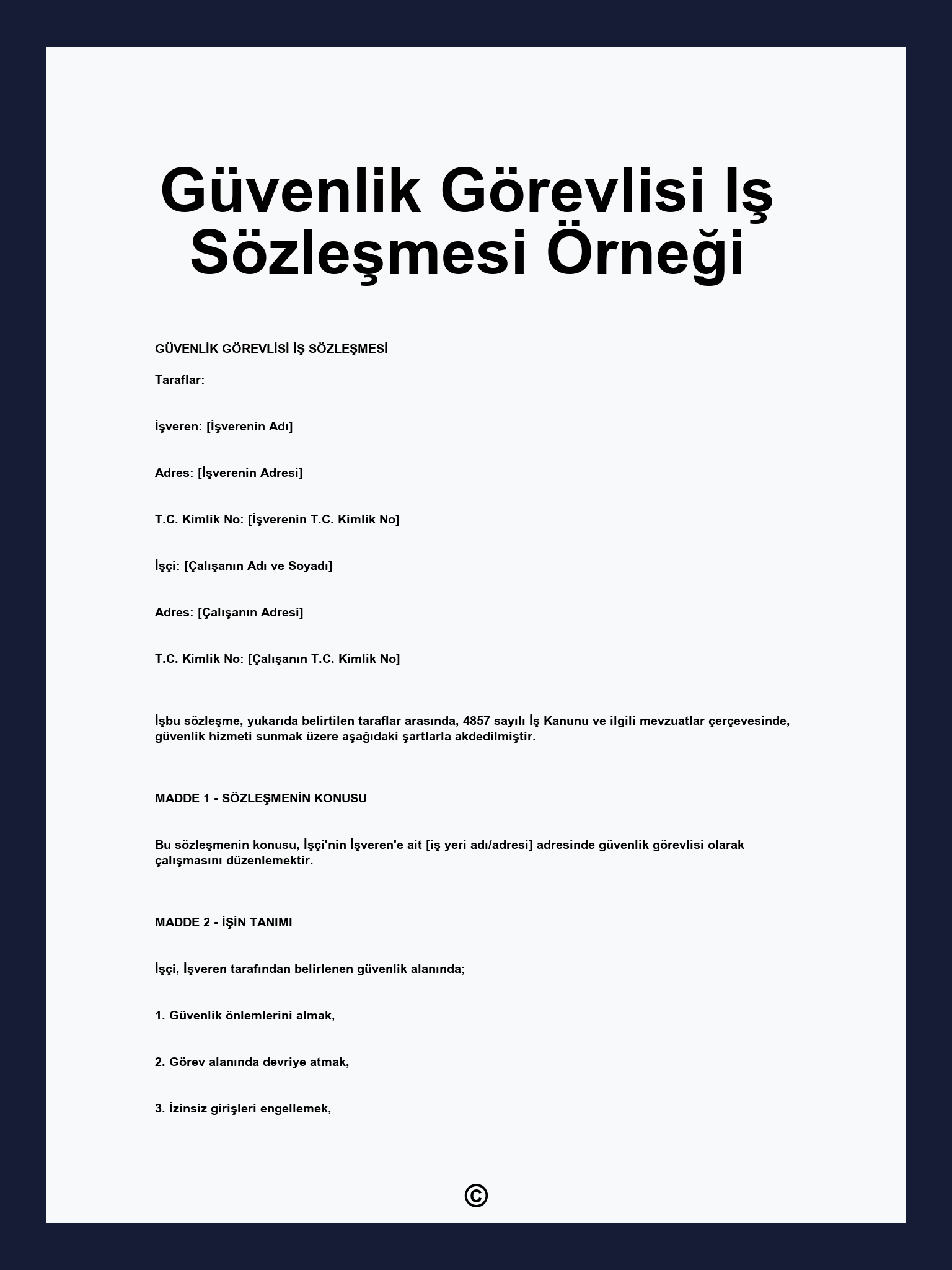 Güvenlik Görevlisi Iş Sözleşmesi Örneği