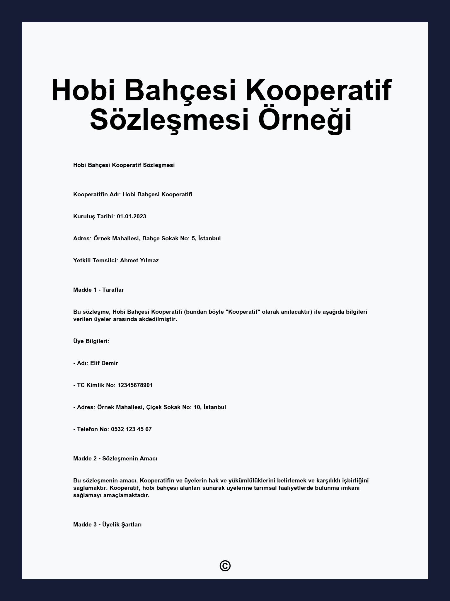 Hobi Bahçesi Kooperatif Sözleşmesi Örneği