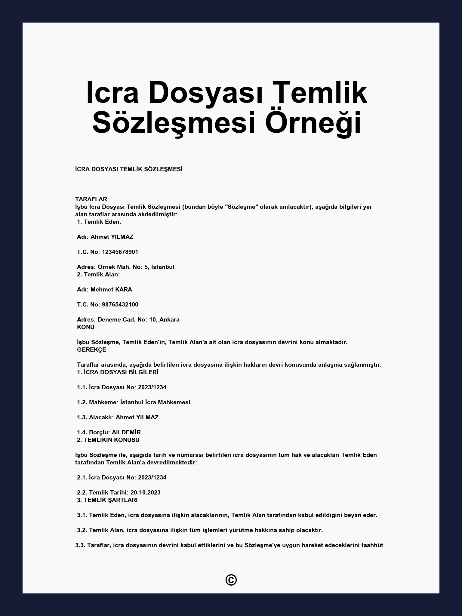 Icra Dosyası Temlik Sözleşmesi Örneği