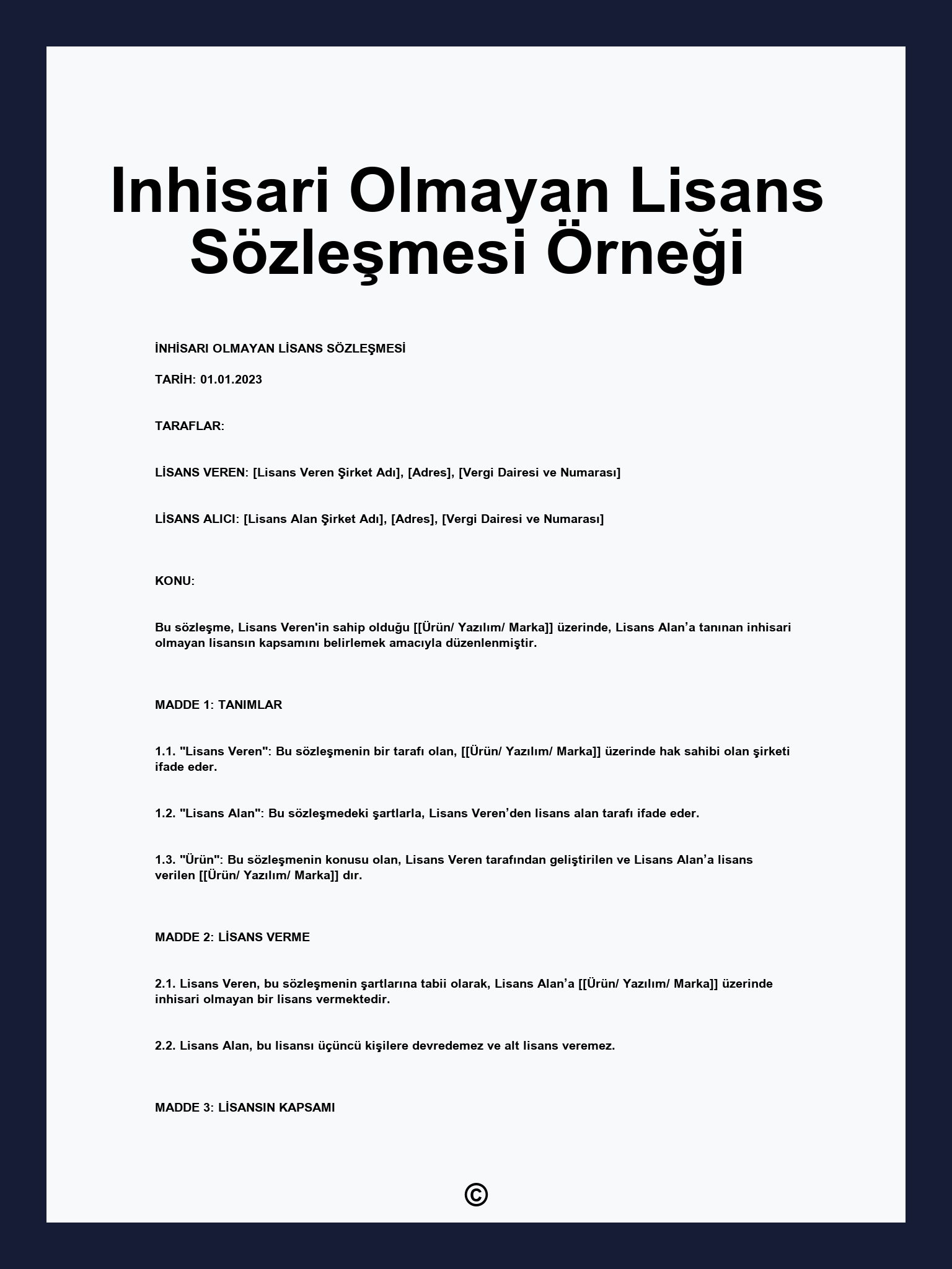Inhisari Olmayan Lisans Sözleşmesi Örneği