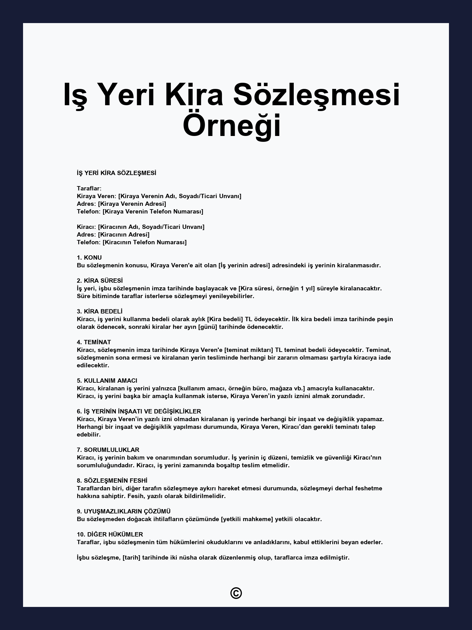 Iş Yeri Kira Sözleşmesi Örneği
