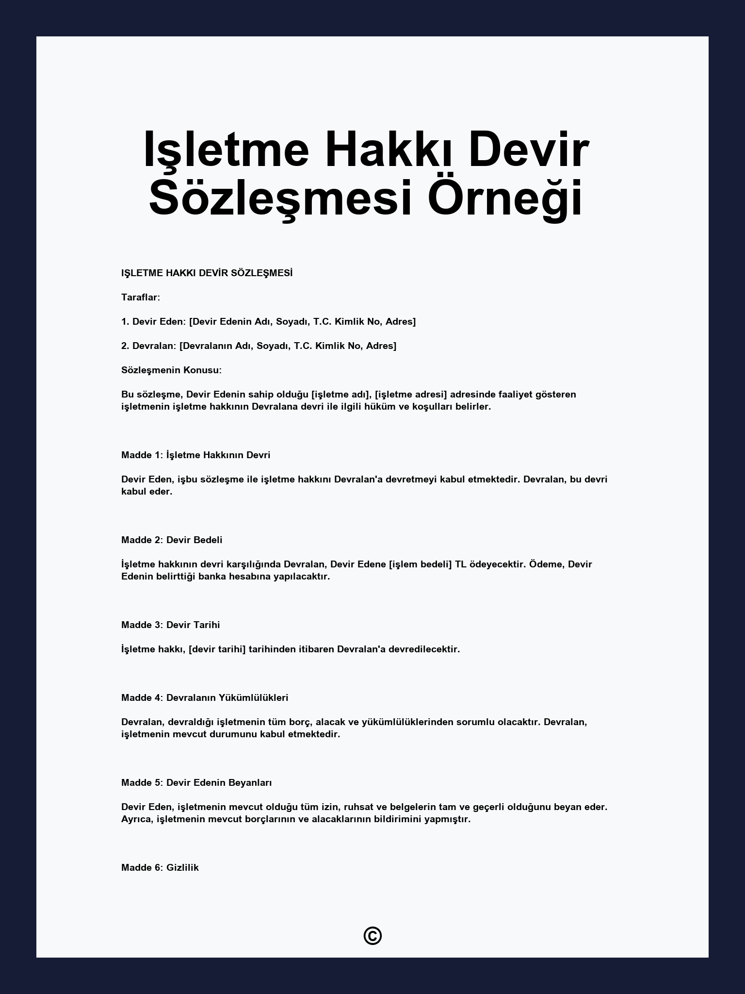 Işletme Hakkı Devir Sözleşmesi Örneği