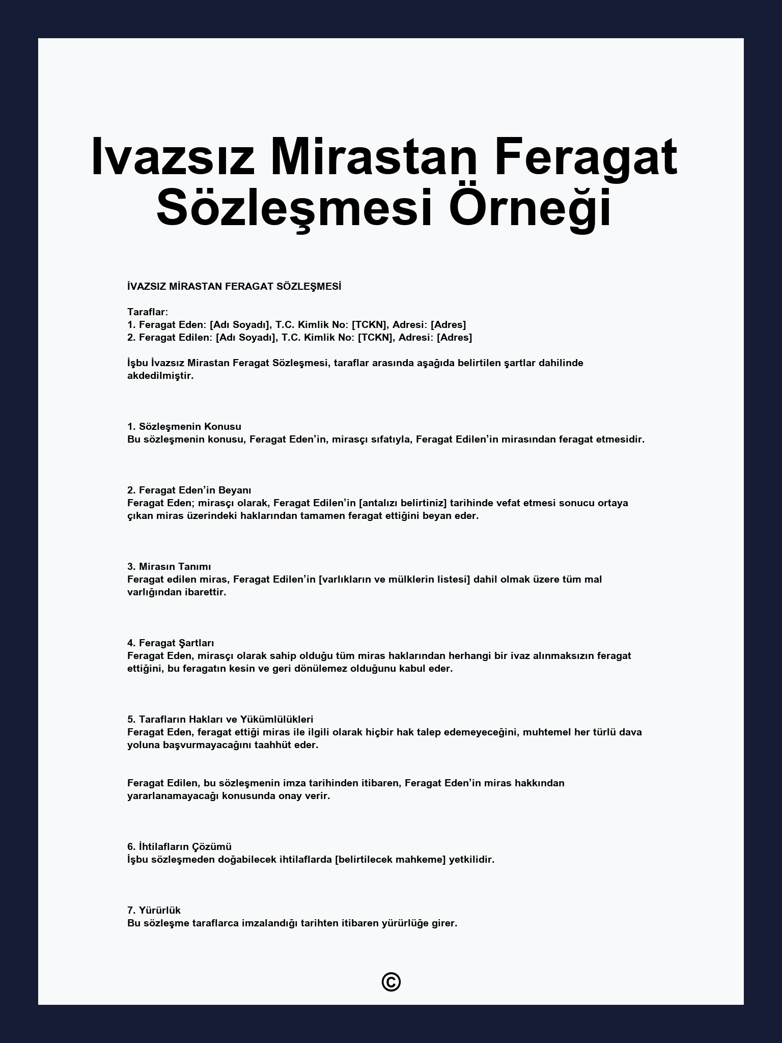Ivazsız Mirastan Feragat Sözleşmesi Örneği