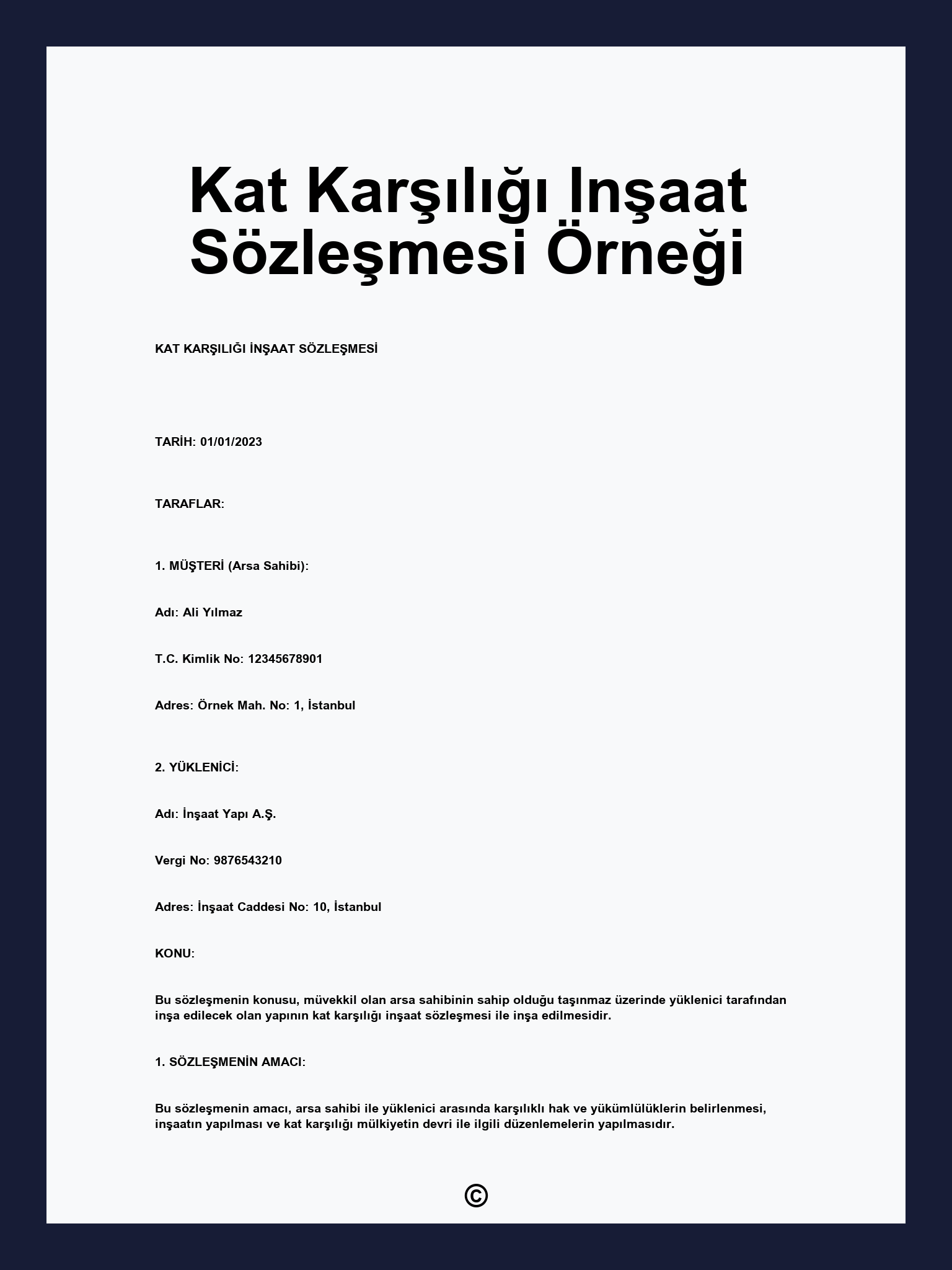 Kat Karşılığı Inşaat Sözleşmesi Örneği
