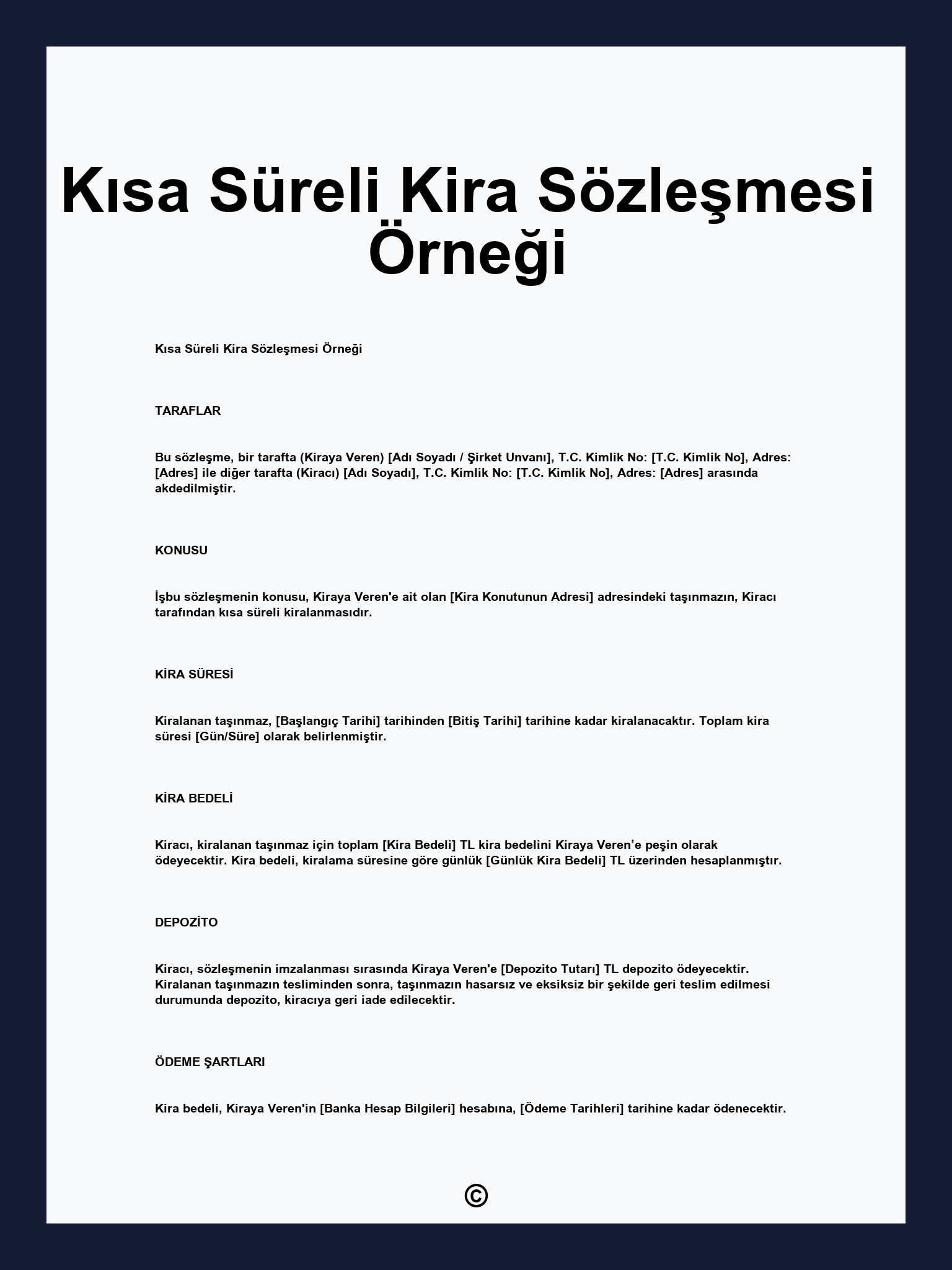 Kısa Süreli Kira Sözleşmesi Örneği
