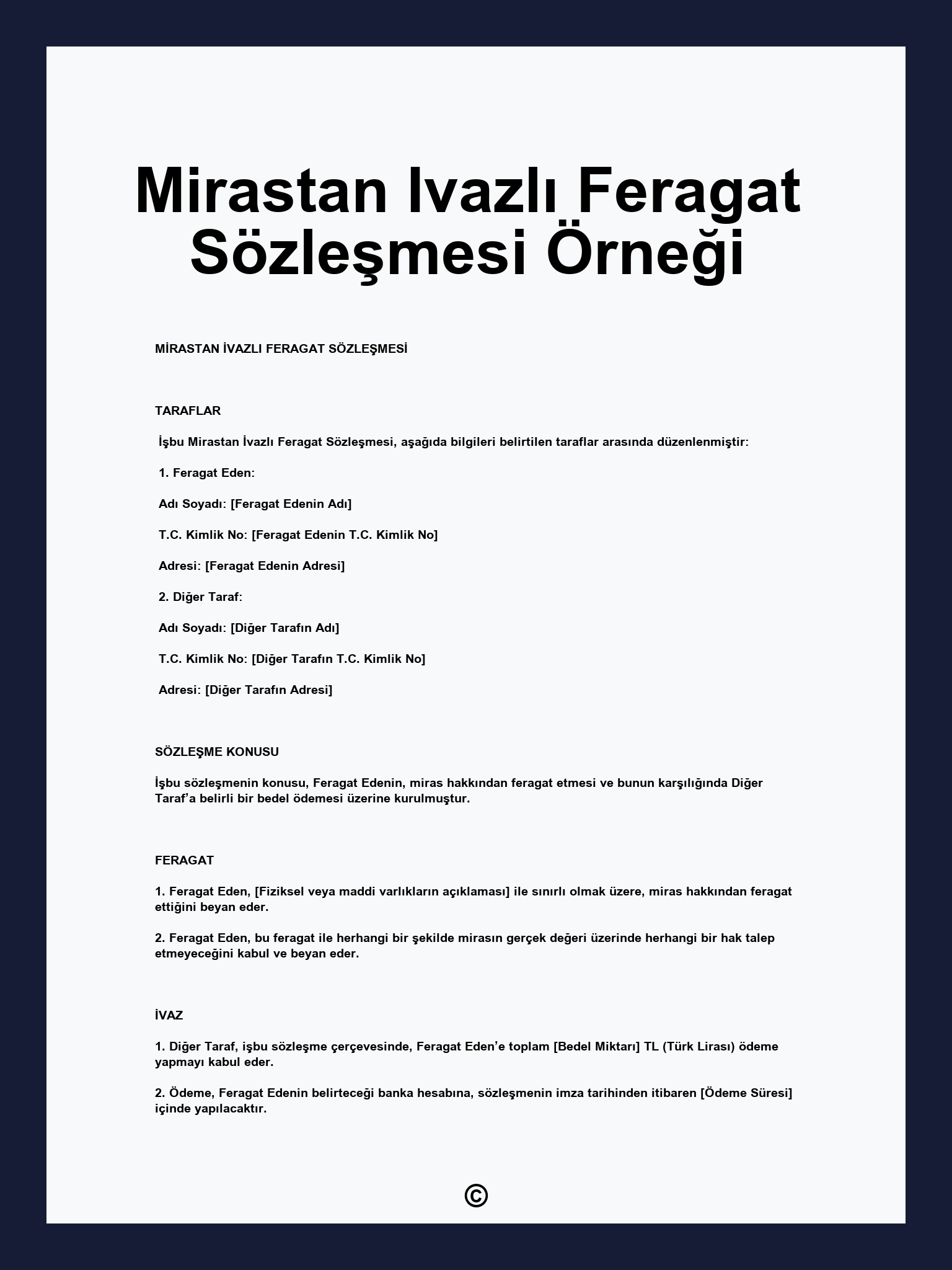 Mirastan Ivazlı Feragat Sözleşmesi Örneği