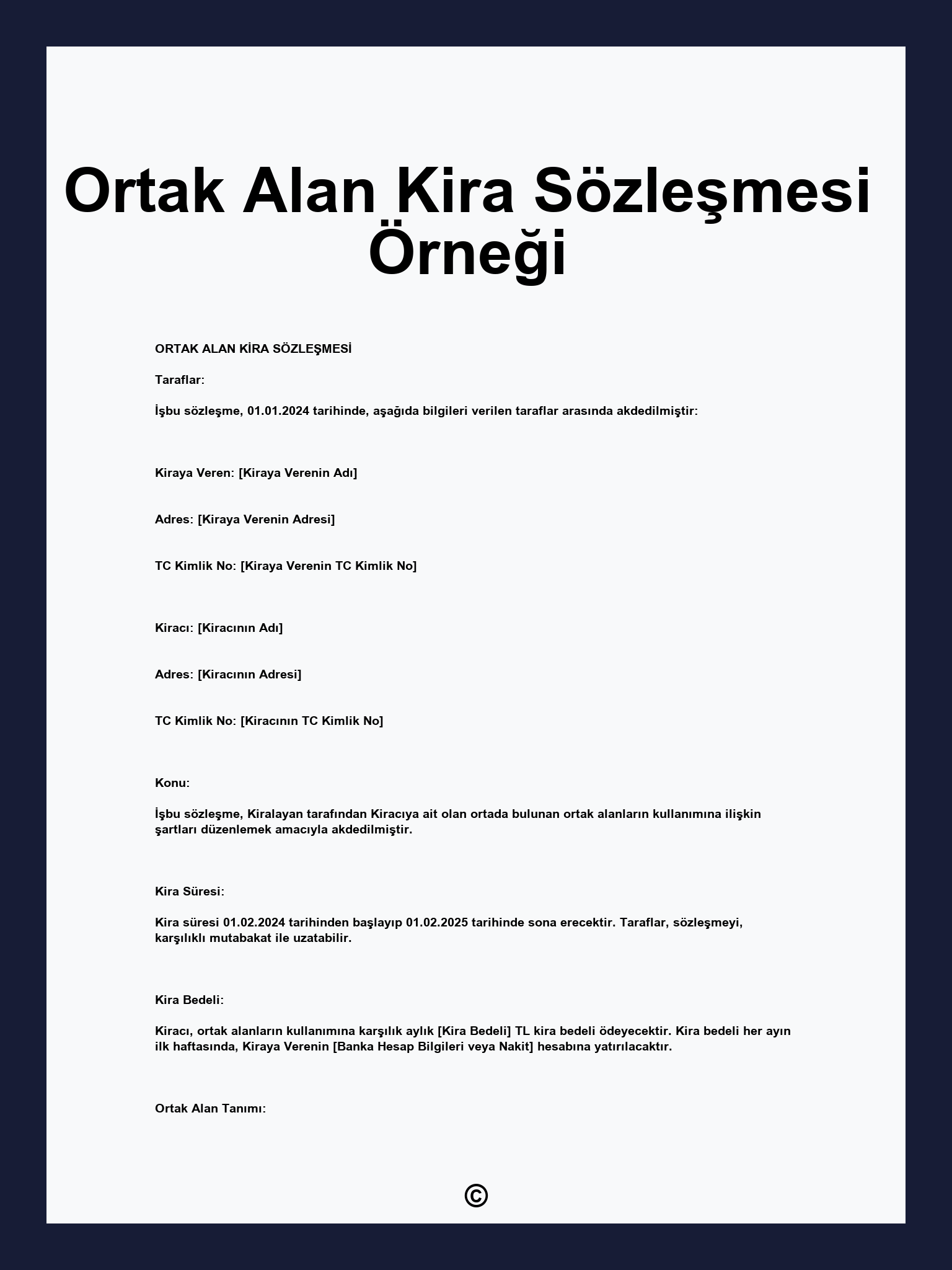 Ortak Alan Kira Sözleşmesi Örneği