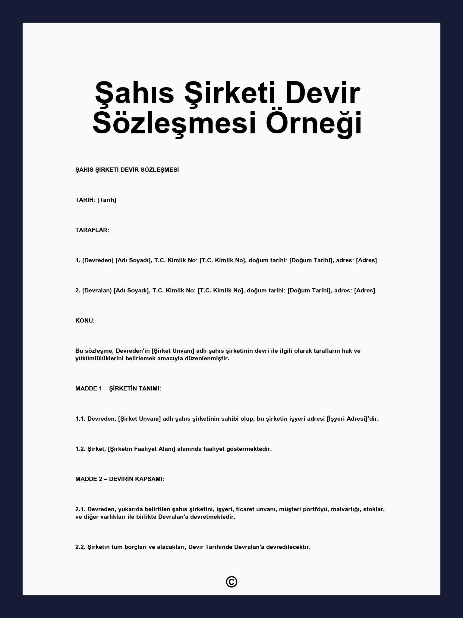 Şahıs Şirketi Devir Sözleşmesi Örneği