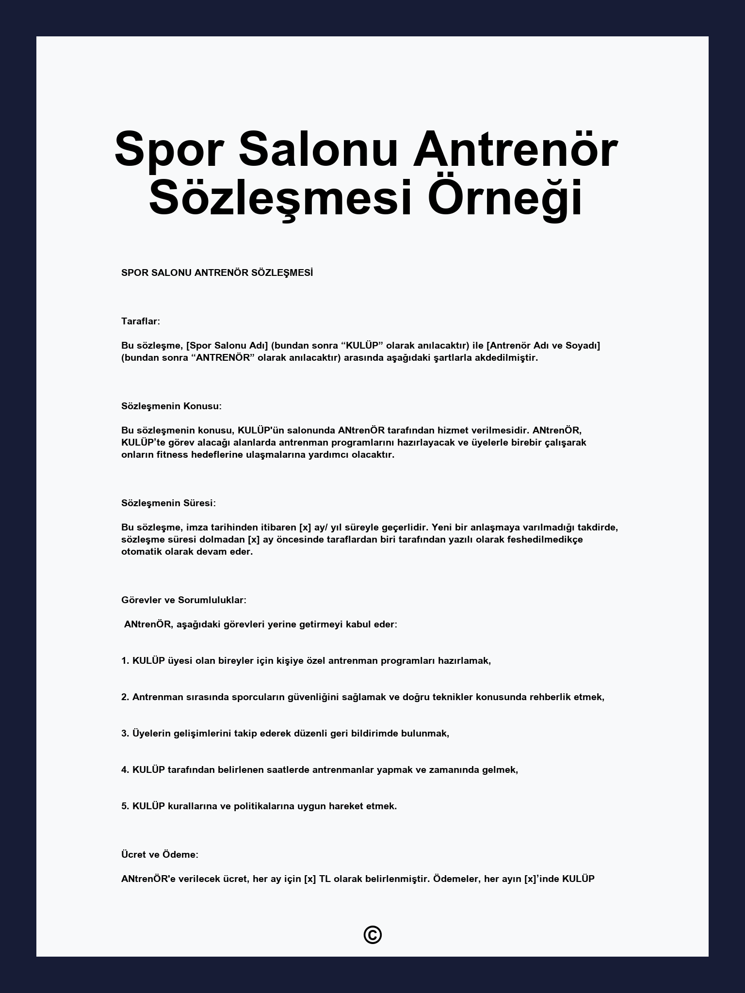 Spor Salonu Antrenör Sözleşmesi Örneği