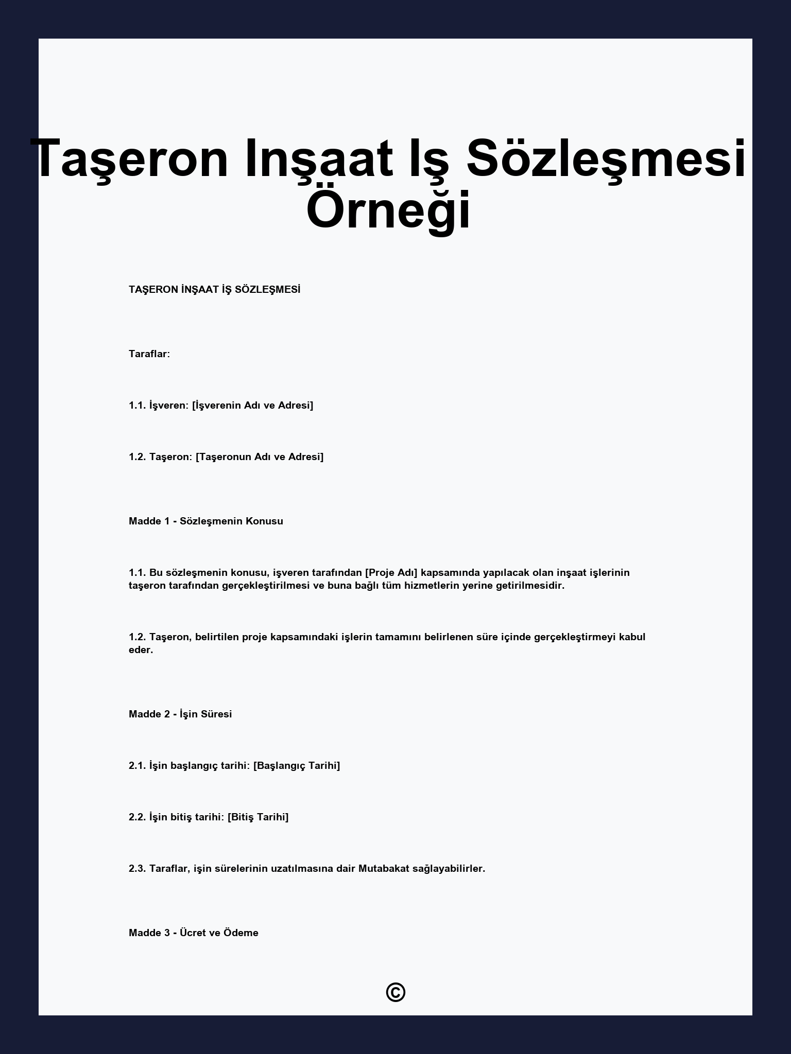 Taşeron Inşaat Iş Sözleşmesi Örneği