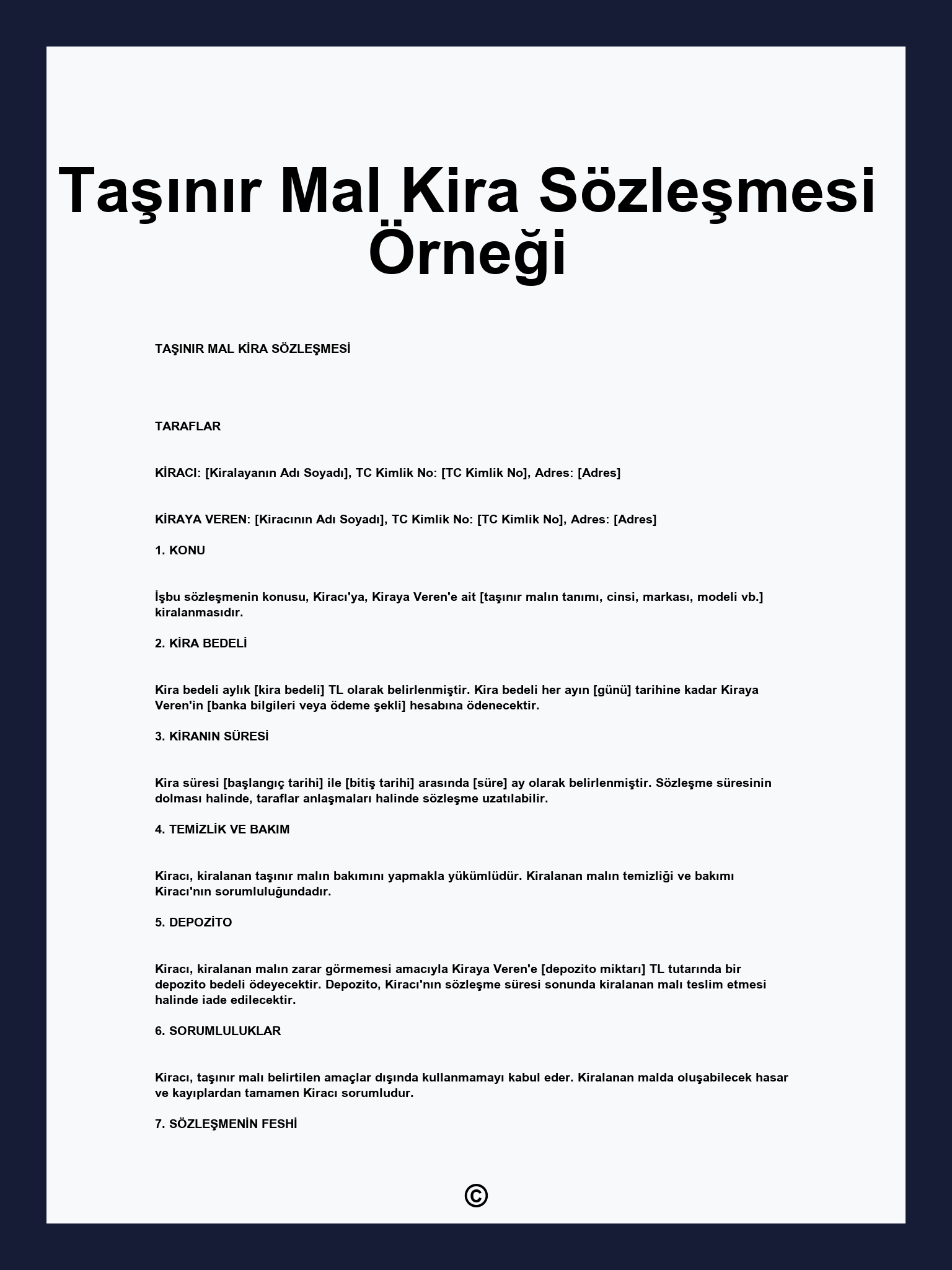 Taşınır Mal Kira Sözleşmesi Örneği