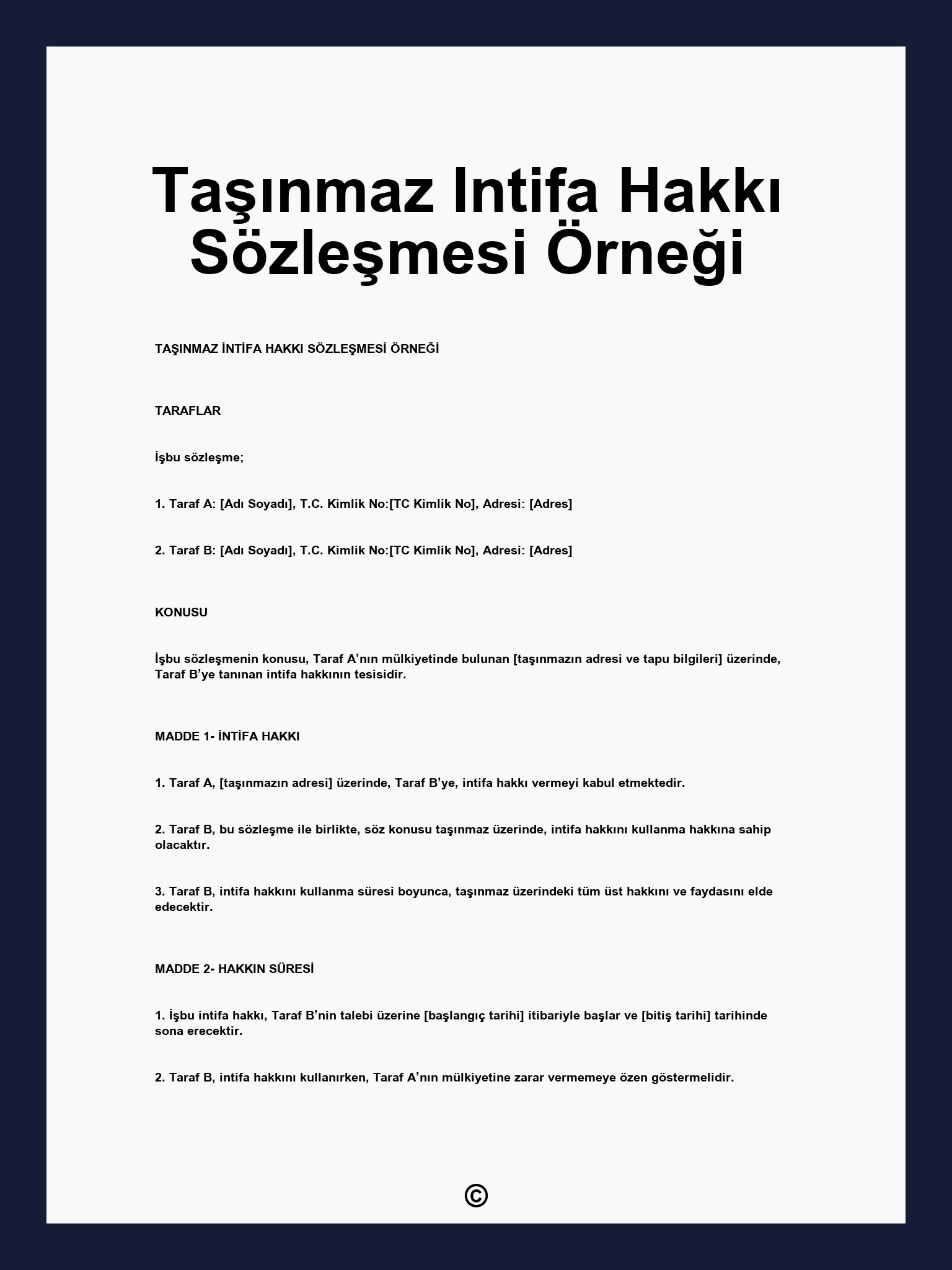 Taşınmaz Intifa Hakkı Sözleşmesi Örneği