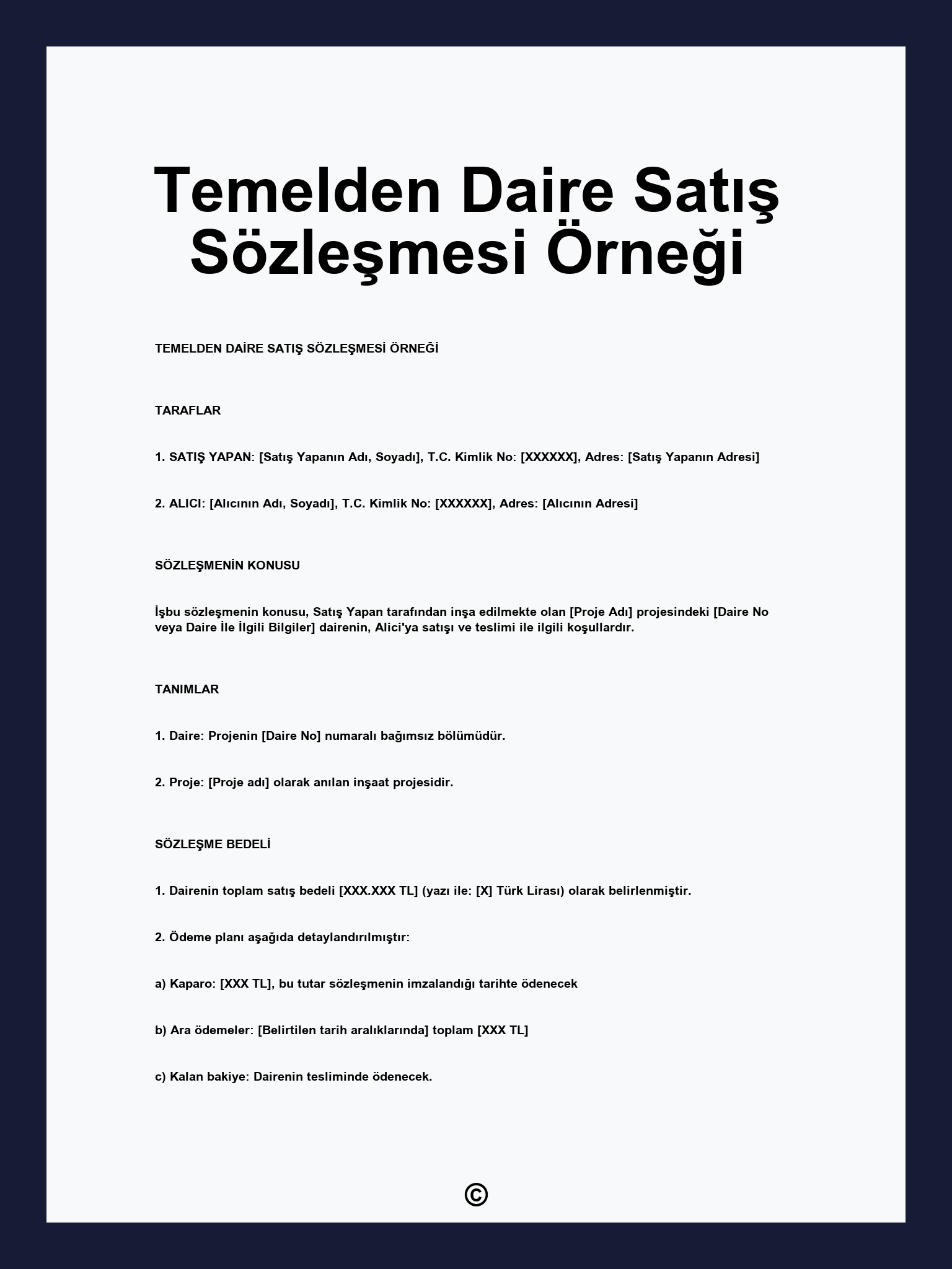 Temelden Daire Satış Sözleşmesi Örneği