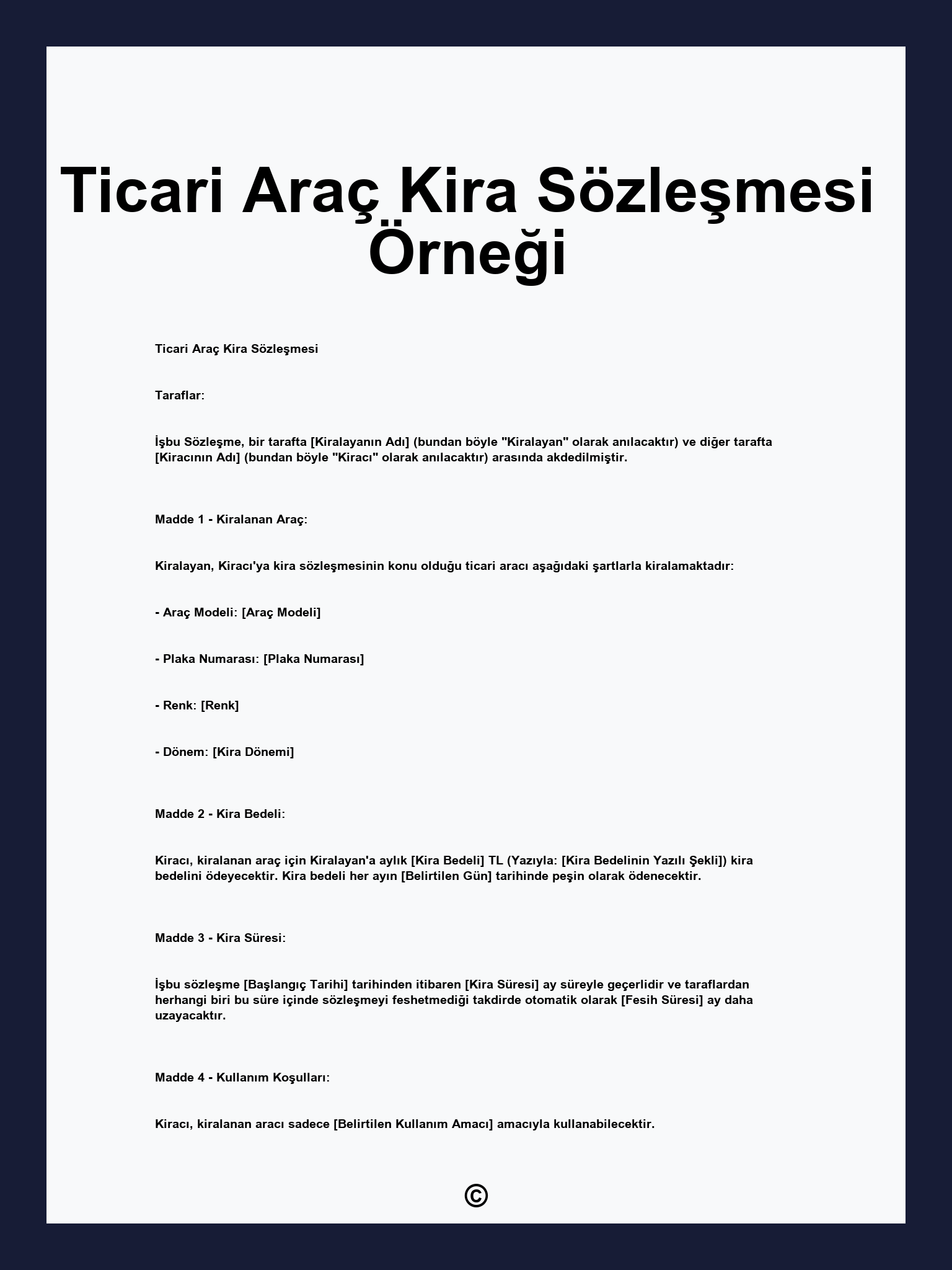 Ticari Araç Kira Sözleşmesi Örneği