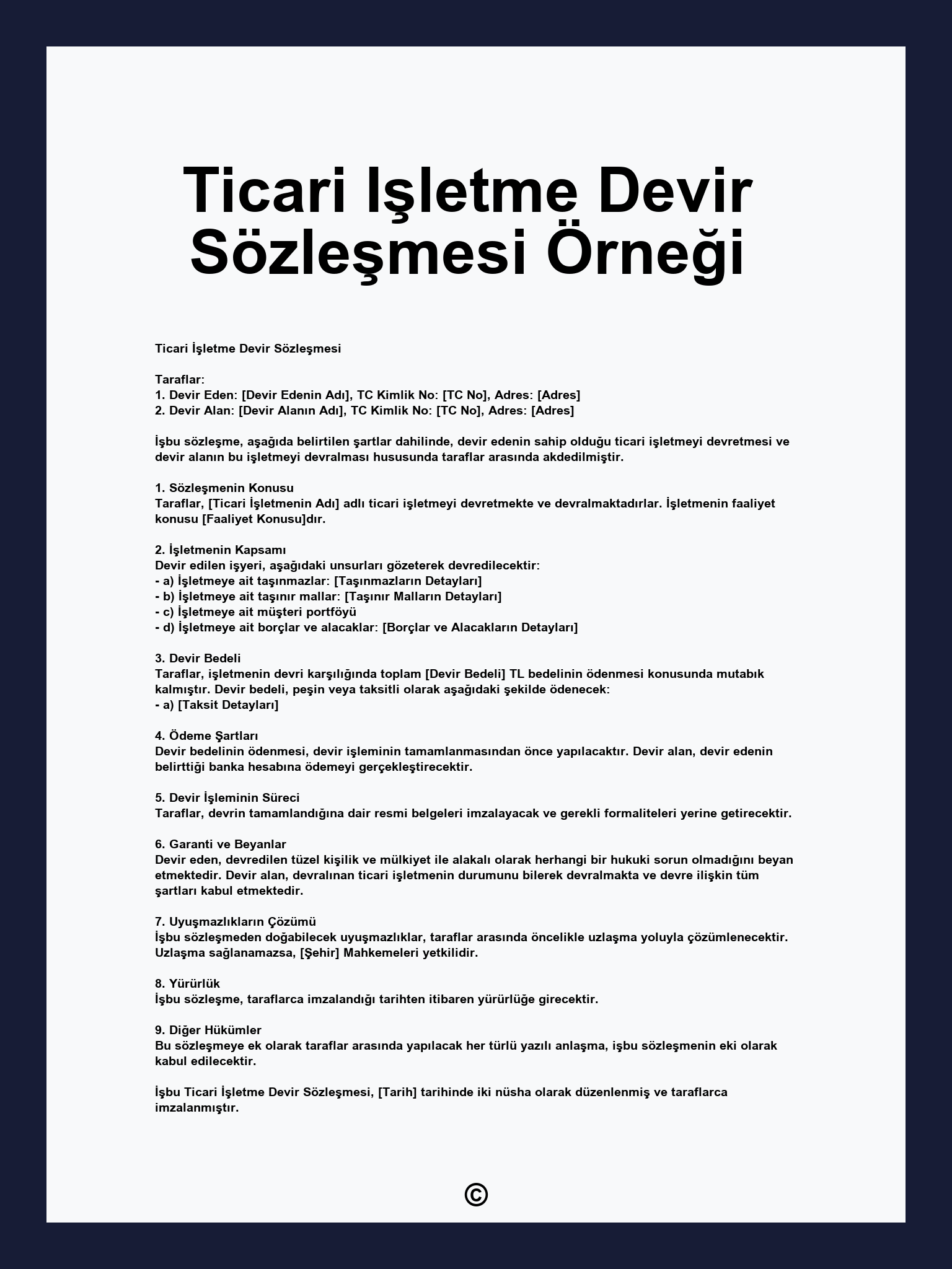 Ticari Işletme Devir Sözleşmesi Örneği