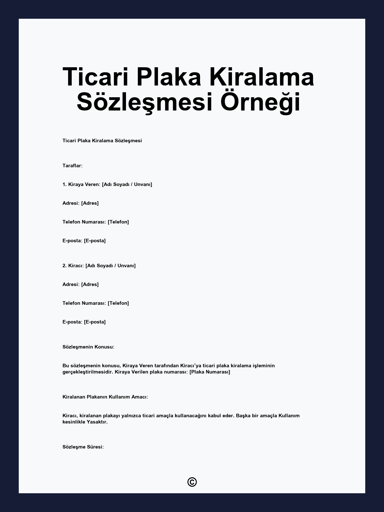 Ticari Plaka Kiralama Sözleşmesi Örneği