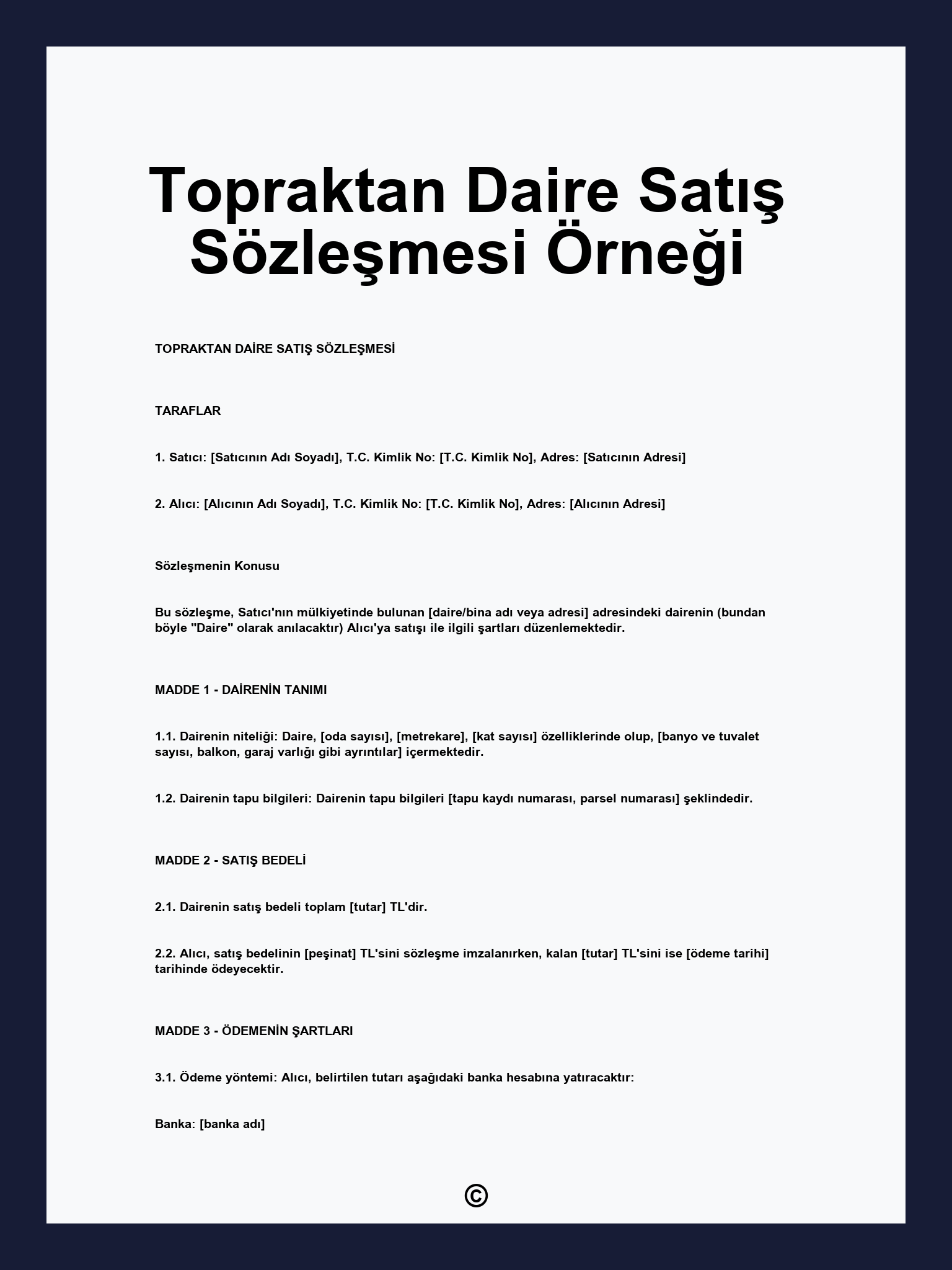 Topraktan Daire Satış Sözleşmesi Örneği