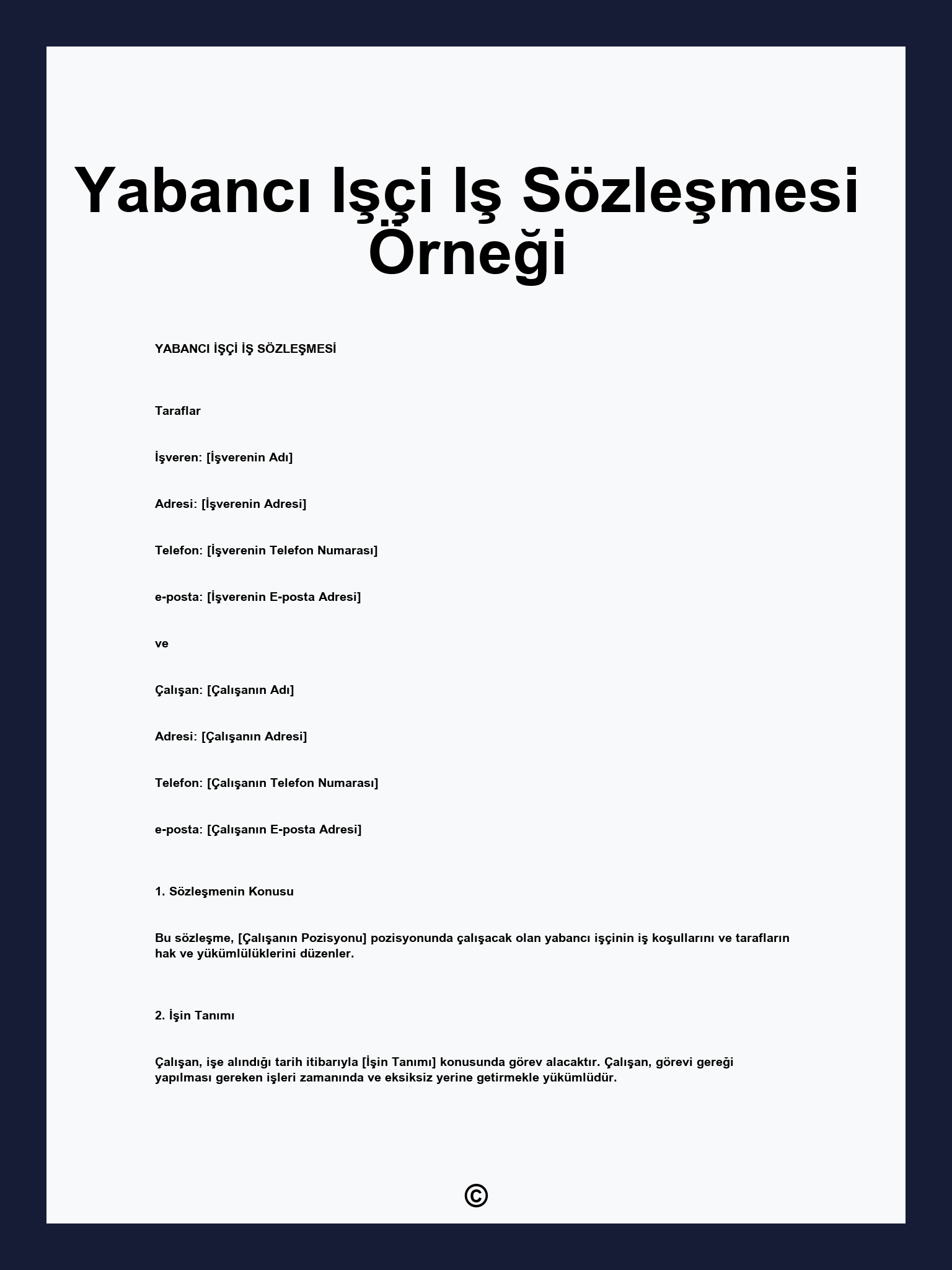 Yabancı Işçi Iş Sözleşmesi Örneği